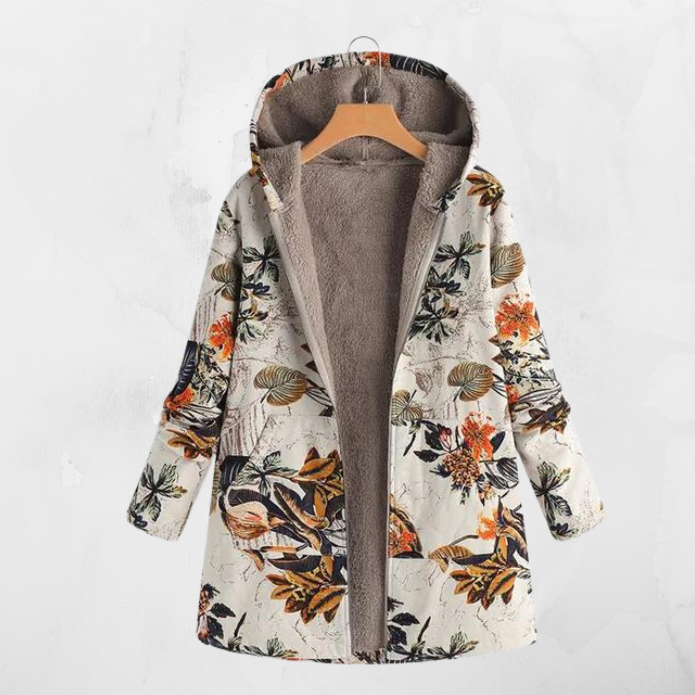 Valenzora - Printed hooded long-sleeved coat in plus size