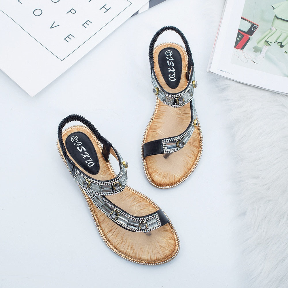 Valenzora | Cross Border Rhinestone T-Strap Flat Sandal