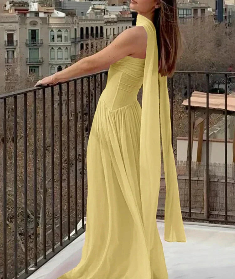 Valenzora | Maxikleid Patchwork Schal Rückenfrei Trägerlos Rüschen Festlich