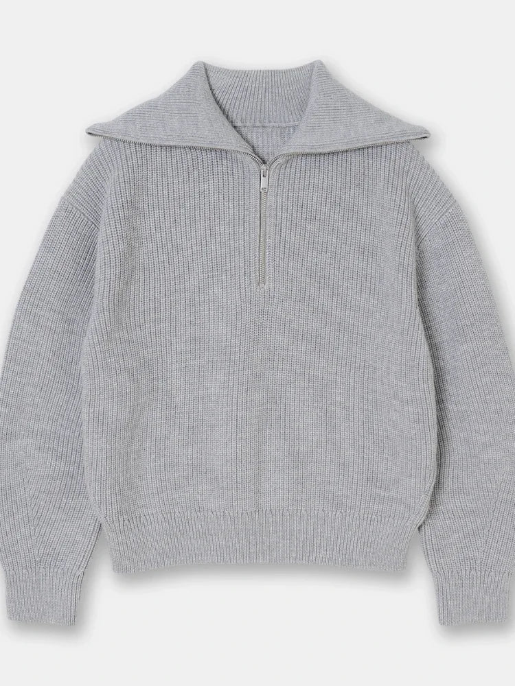 Wide turtleneck women's sweater with striped lapel