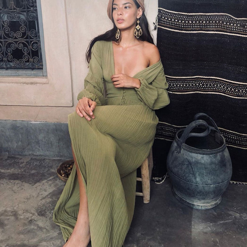 Valenzora | Lantern sleeve long split dress