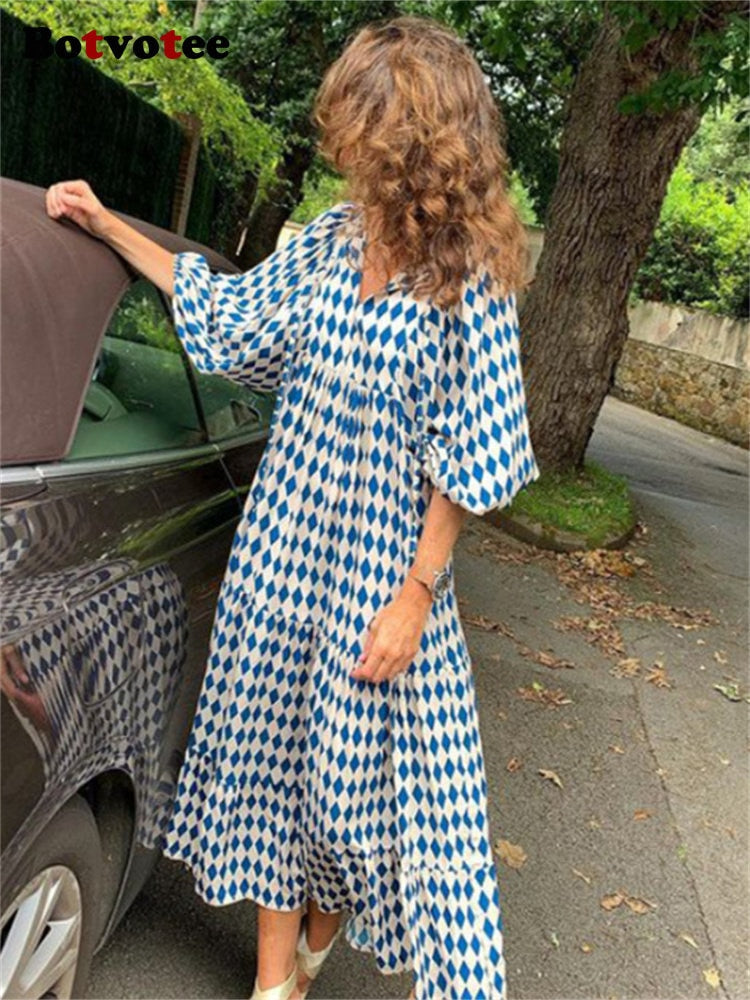 Valenzora | Geometric dress with puff sleeves for women