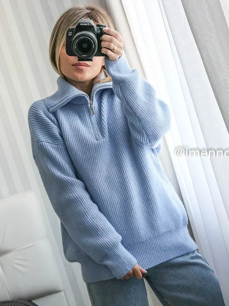 Striped turtleneck women's sweater with zipper