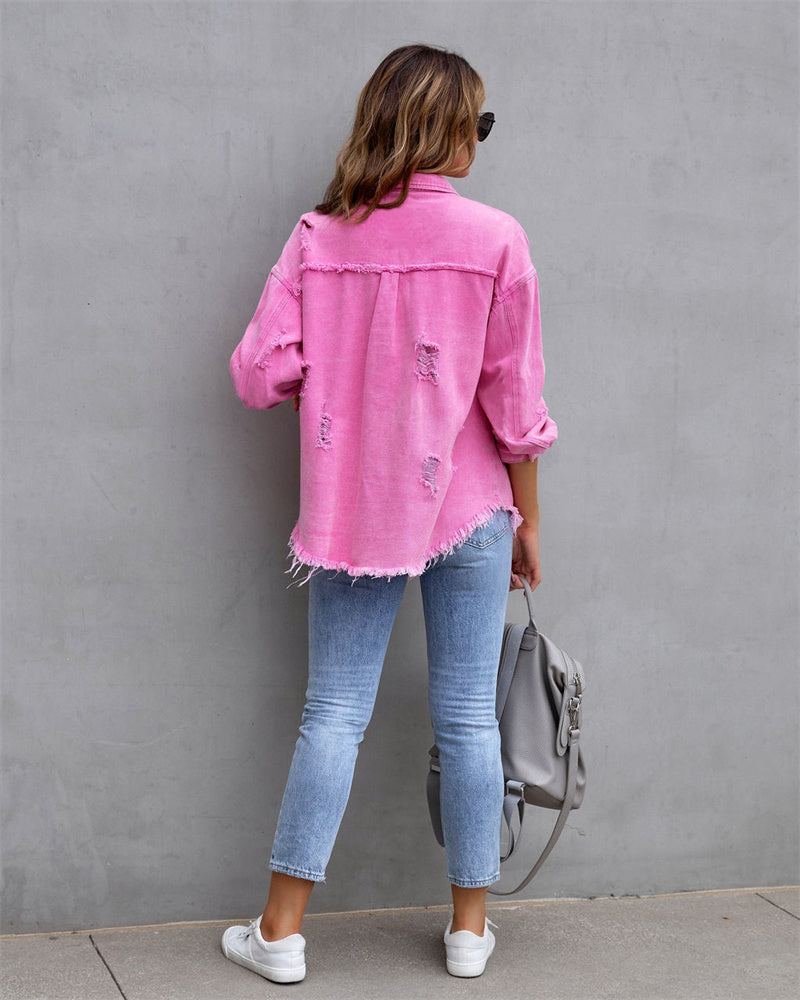 Shirt-style denim coat with holes