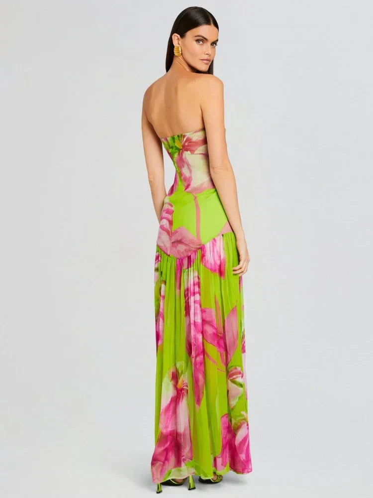 Valenzora | Neues Sommer-Druck-Trägerloses Mesh-Patchwork-Schlitz-Langes Kleid Frauen Sexy Ärmelloses Buntes Bedrucktes Holiday Maxikleid Party