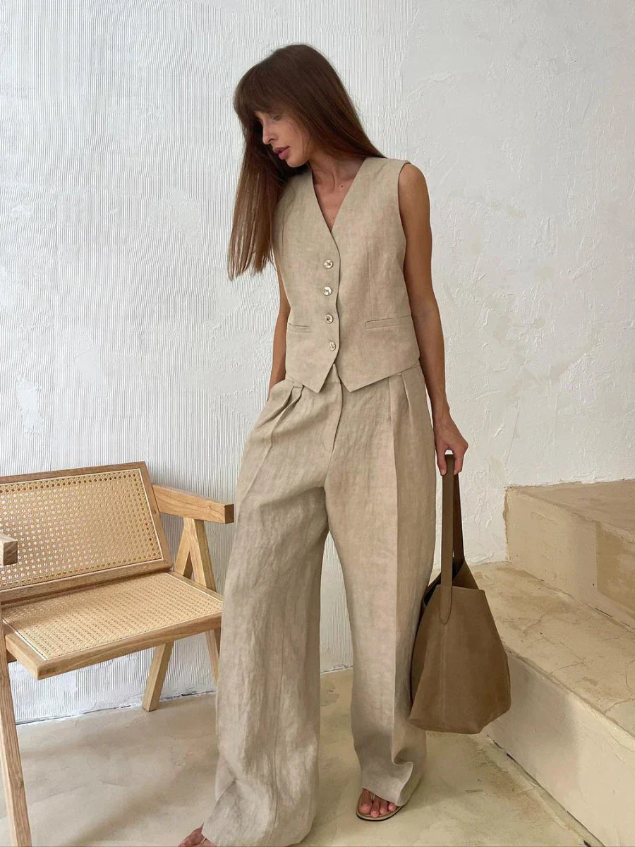 Valenzora | Wool Feeling Women's Linen Cotton Chic Vest & Trousers Set Two-Piece Set Office Women's Summer Chic 2-Piece Set Women's Outfits