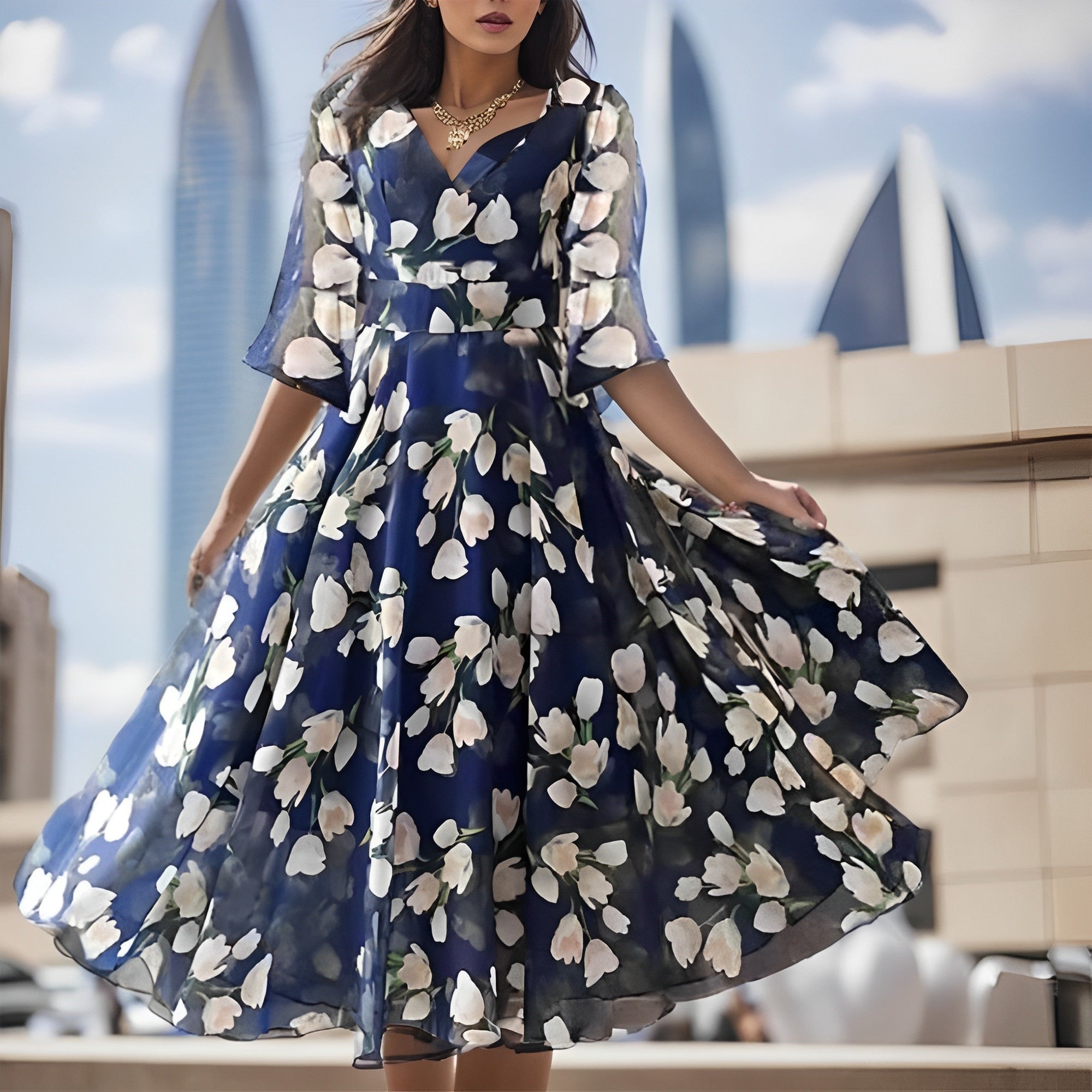 Valenzora | Floral siphonic dress with a wide V-neck