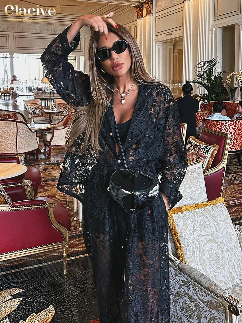 Valenzora | Clacive Sexy Loose Black Lace Transparent Pants Set Women's 2 Piece Fashion Long Sleeve Shirt with High Waist Wide Pants Set