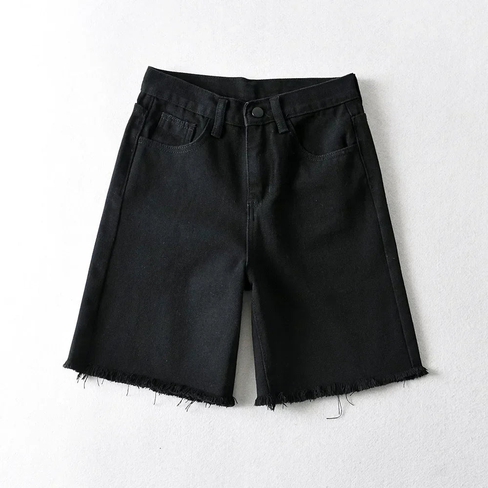 Valenzora | Women's High Waist Wide Leg Denim Shorts Girls Summer Fashion Streetwear Casual Solid Color Female Loose Stretch Jeans