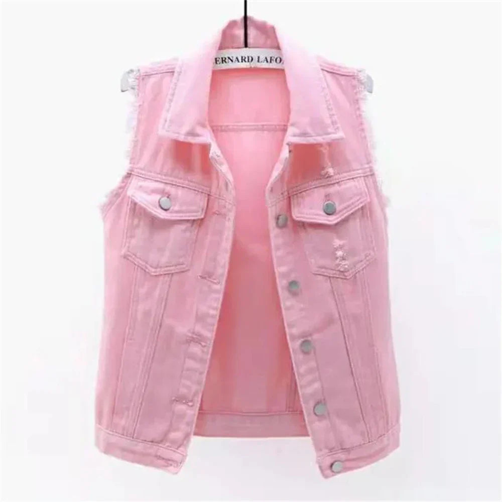 Valenzora | Denim Vest Sleeveless Frayed Button Closure Classic Collar Casual Fit