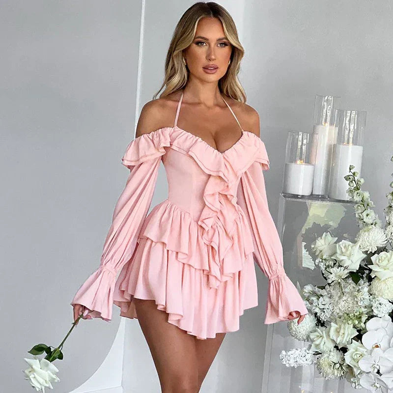 Valenzora | Romantic ruffled romper with exposed shoulders