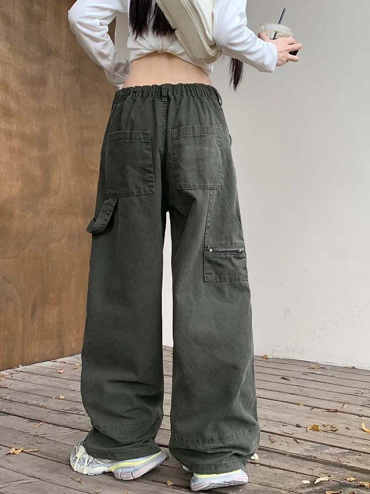 Valenzora | Y2K Streetwear Vintage Green Baggy Jeans Cargo Pants for Women Designer Clothing Wide Leg Casual Women's Trousers