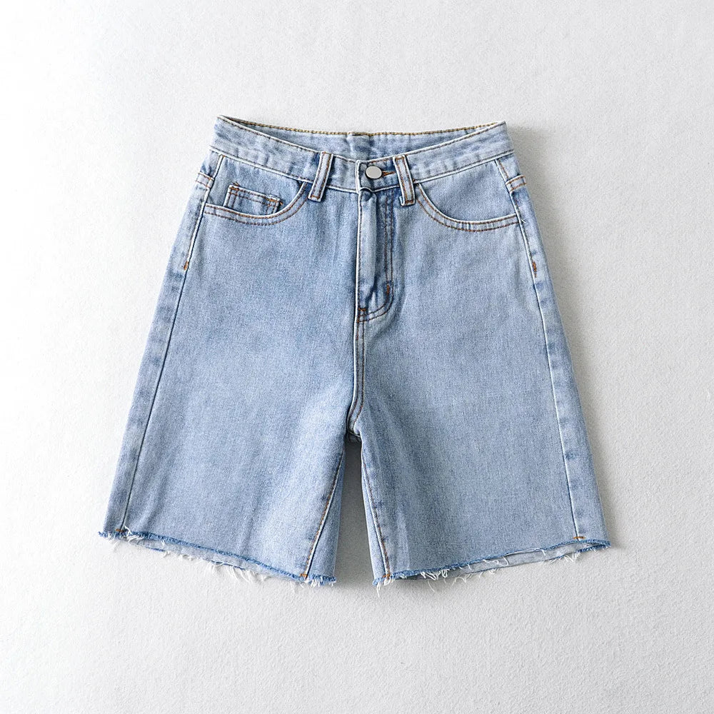 Valenzora | Women's High Waist Wide Leg Denim Shorts Girls Summer Fashion Streetwear Casual Solid Color Female Loose Stretch Jeans