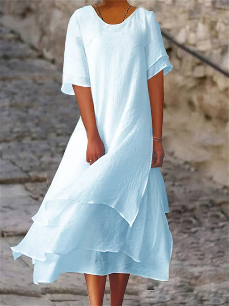 Valenzora | Double-layered slit short-sleeved dress with round neckline
