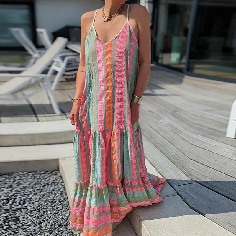 Valenzora | Elegant dress, sleeveless, with ruffle and casual print