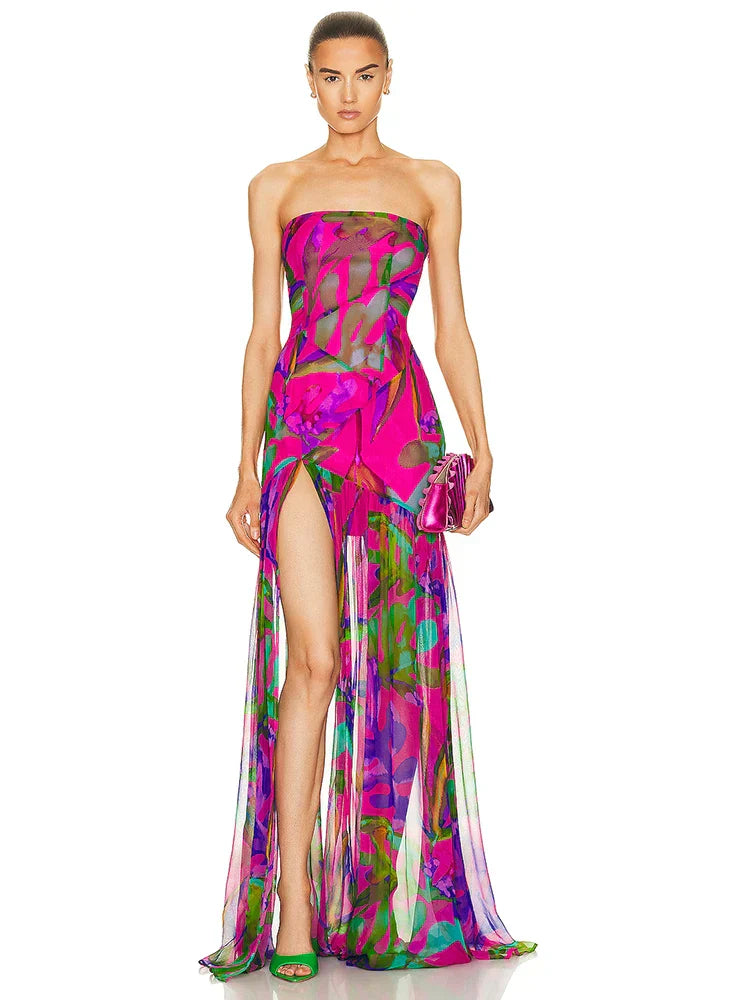Valenzora | Neues Sommer-Druck-Trägerloses Mesh-Patchwork-Schlitz-Langes Kleid Frauen Sexy Ärmelloses Buntes Bedrucktes Holiday Maxikleid Party