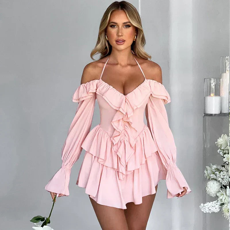 Valenzora | Romantic ruffled romper with exposed shoulders