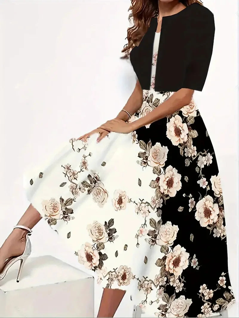 Valenzora | New for summer! EU US Autumn Women's 2 Long Dress Set Floral and Grass Dot Crew Neck Dress with Chiffon Short Jacket
