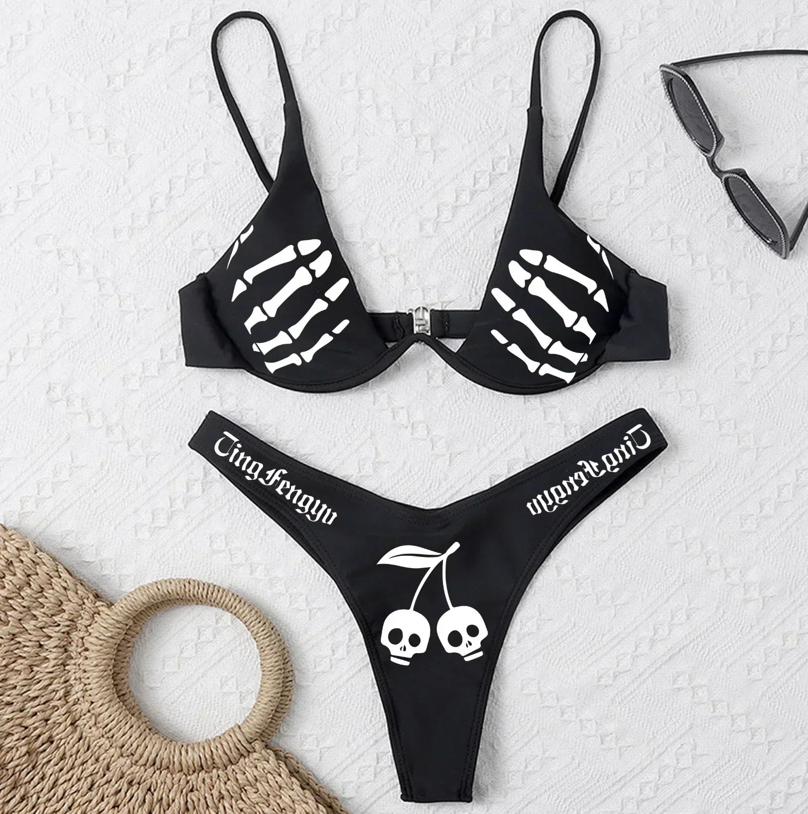Valenzora | Sexy Gothic Bikini Damen Buchstaben Totenkopf Print Badeanzug Split Badeanzug High Waist Gothic Bikini Set Strand Outfits