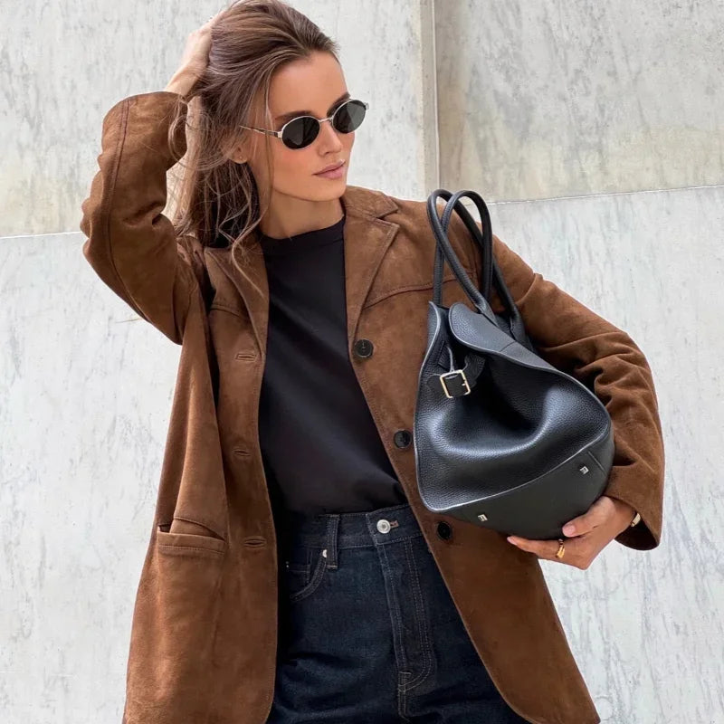 Valenzora | Brown suede jacket with lapels, chic and warm