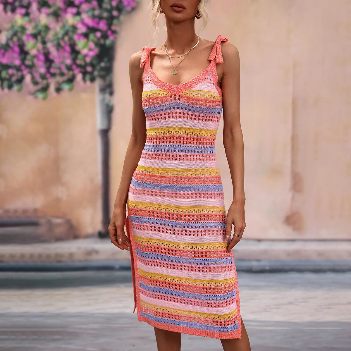 Valenzora | Crocheted Knit Midi Dress with Ruffle Details at the Shoulders