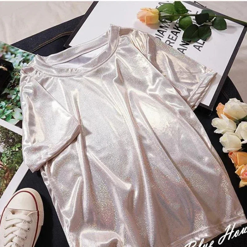 Valenzora | S 5XL Women's Sparkling Shiny Metallic Holographic Round Neck Short Sleeve Casual Loose Top Festival Party T-Shirt Women's Clothing