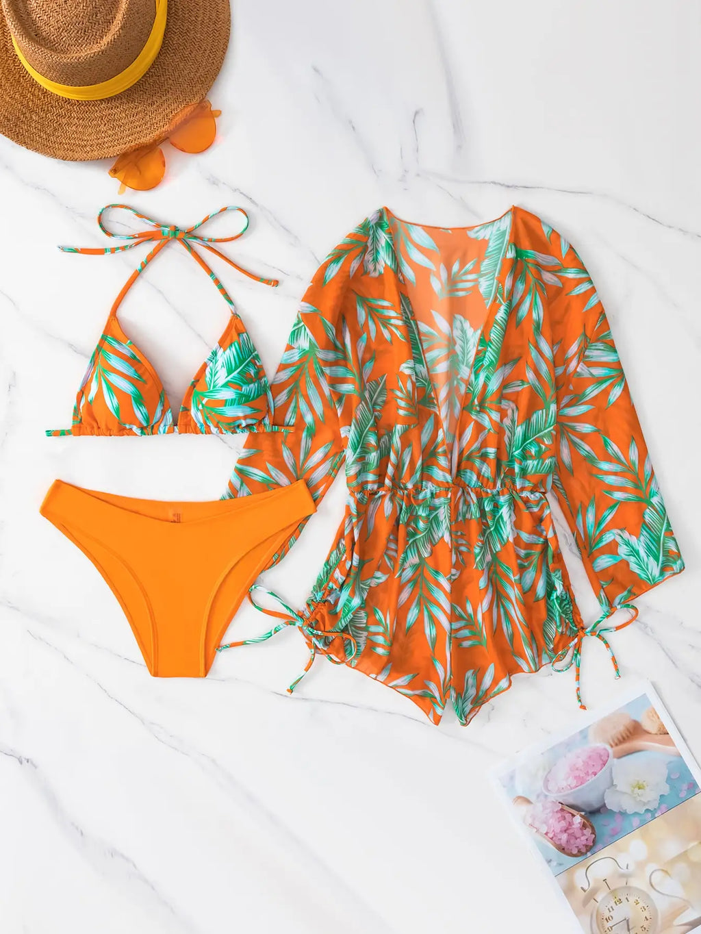 Valenzora | 3-Piece Bikini Tropical Print Swimwear Halter Lace-Up Side Swimsuit Women's Bathing Suit Female Swimming Summer Beachwear