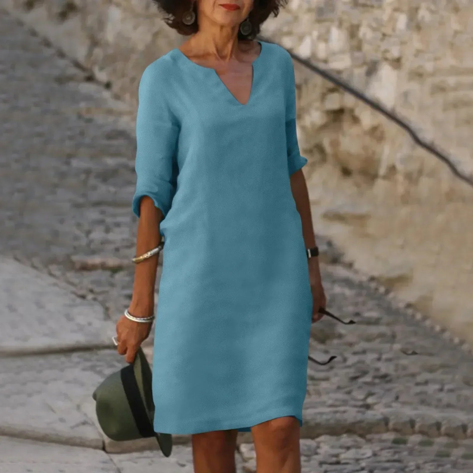 Valenzora | Women's Cotton Linen V-Neck Dress with Half Sleeves