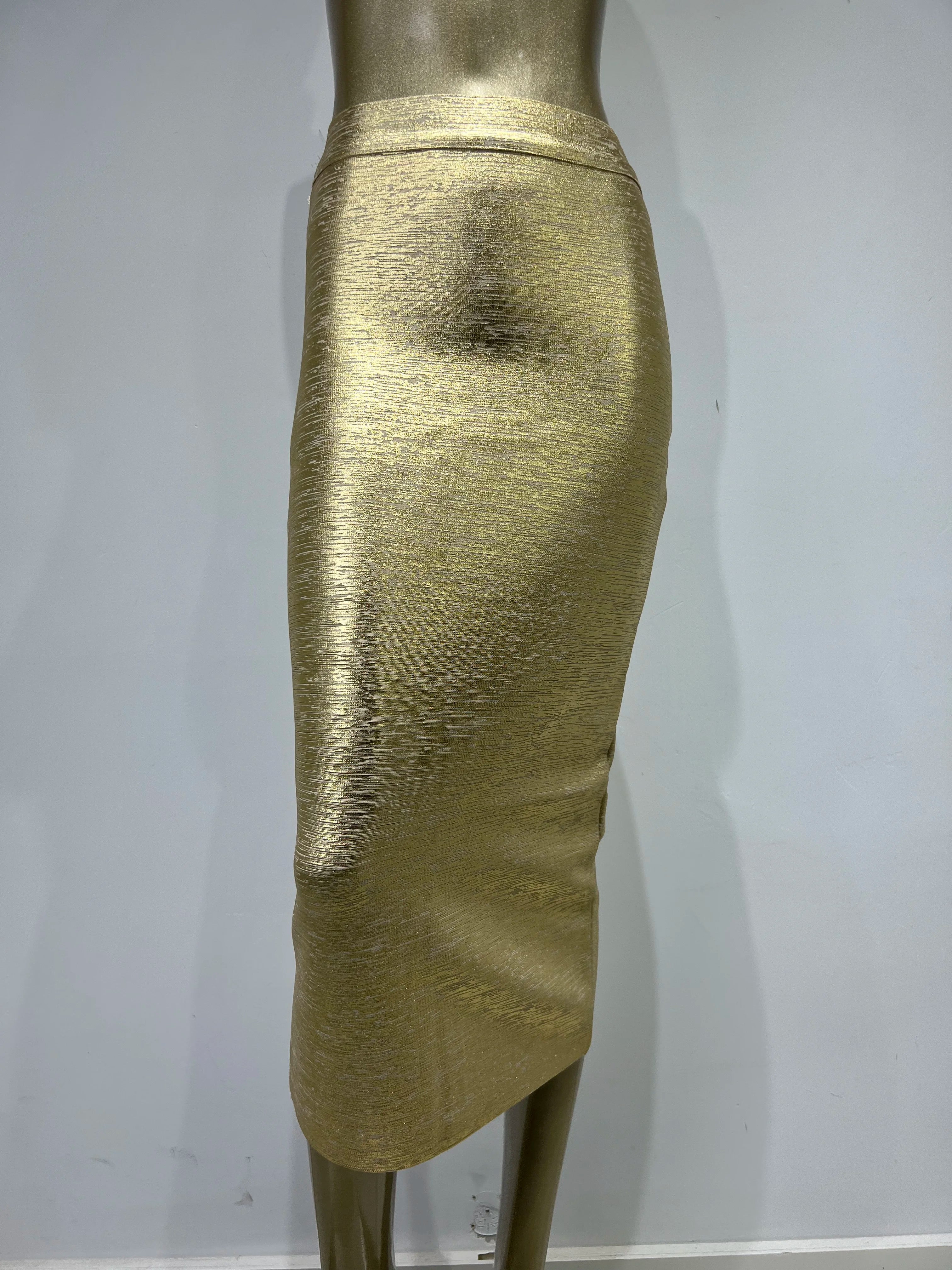 Valenzora | Women's Summer Skirt Sexy Silver Gold Bronzing Midi Bandage Skirt High Street Designer Slim Fit Solid Midi Pencil Skirt 78cm