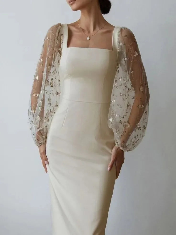 Valenzora | Evening and party dress with square neckline and long sleeves