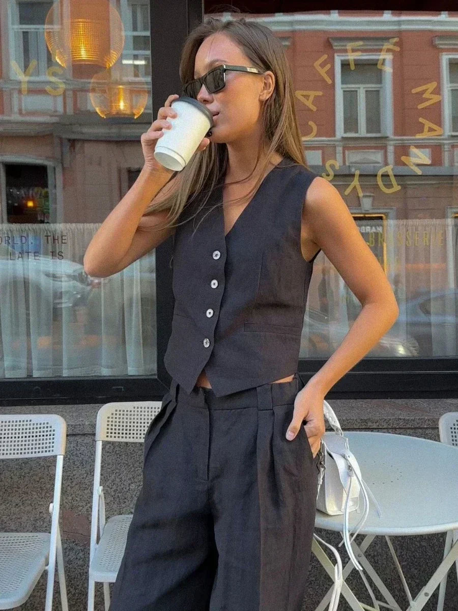 Valenzora | Wool Feeling Women's Linen Cotton Chic Vest & Trousers Set Two-Piece Set Office Women's Summer Chic 2-Piece Set Women's Outfits