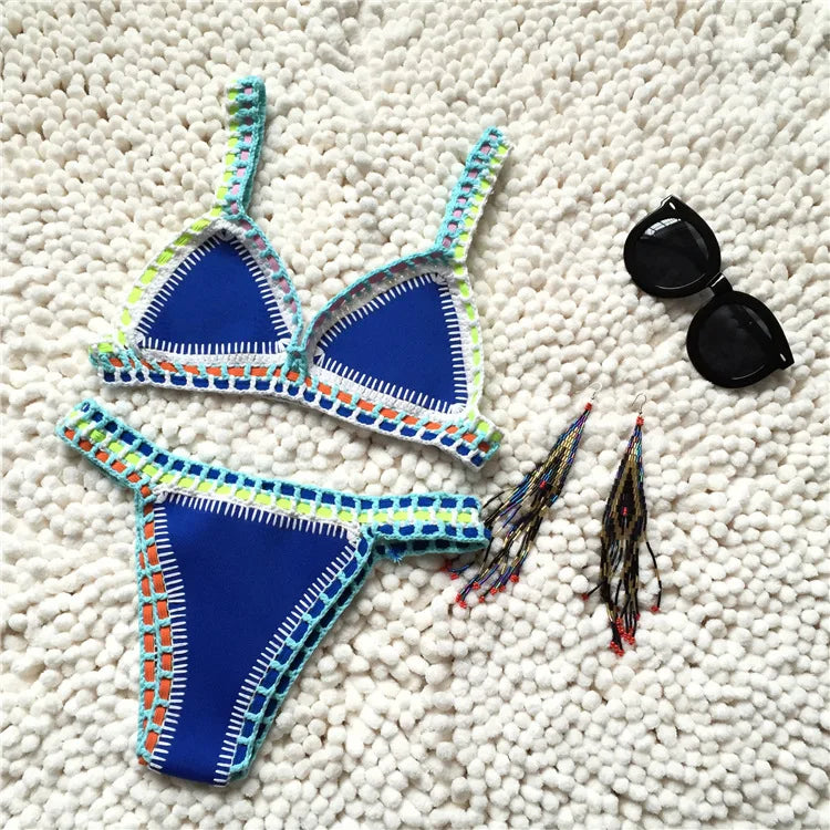Valenzora | Knitted 2-Piece Bikini Swimsuit for Women, Summer Beach Holiday Swimwear, Sexy Triangle Cup V-Neck Strappy Swimwear