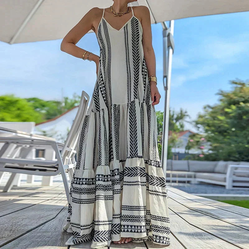 Valenzora | Elegant dress, sleeveless, with ruffle and casual print