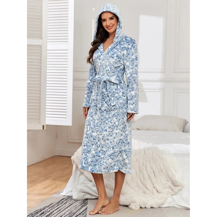Valenzora | Long-sleeved leopard print hooded bathrobe with belt and pockets