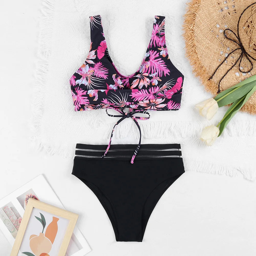 Valenzora | Lace-up High Waist Bikini Women's Swimwear Women's Swimsuit Padded Push-Up Floral Swimsuit Women's Bikini Set