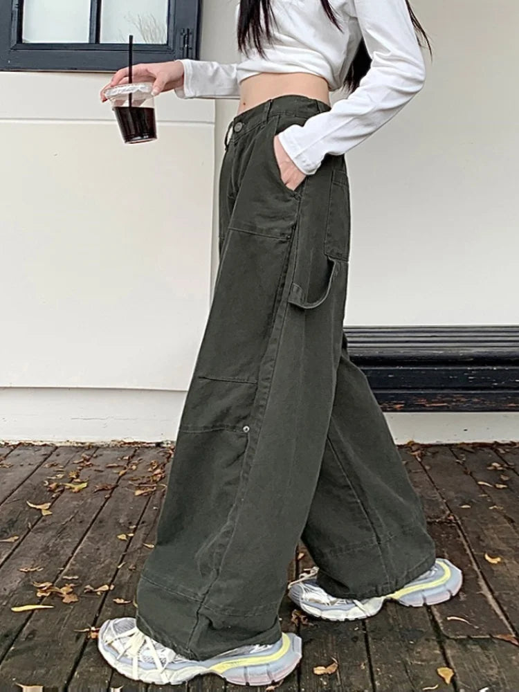 Valenzora | Y2K Streetwear Vintage Green Baggy Jeans Cargo Pants for Women Designer Clothing Wide Leg Casual Women's Trousers