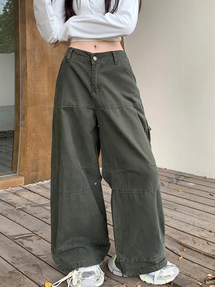 Valenzora | Y2K Streetwear Vintage Green Baggy Jeans Cargo Pants for Women Designer Clothing Wide Leg Casual Women's Trousers