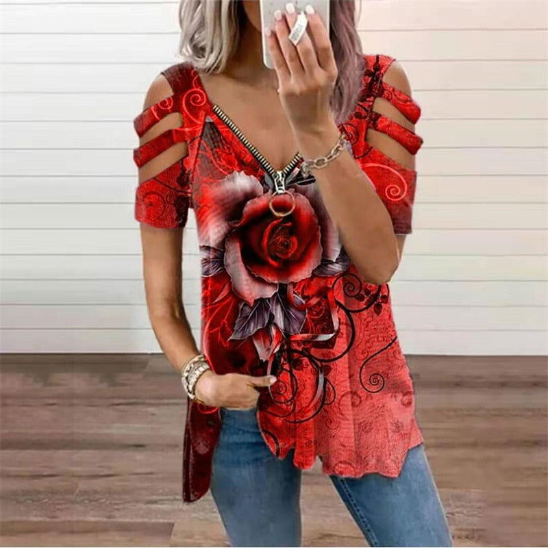 Valenzora | Loose Angel Wings Print Vintage V-Neck Zip T-Shirt