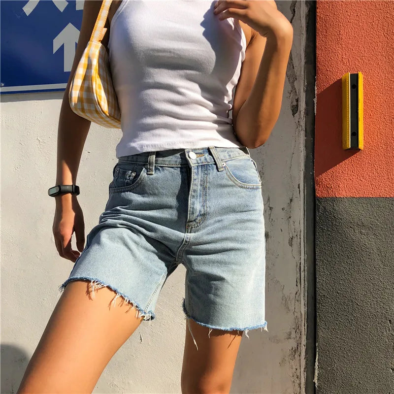 Valenzora | Women's High Waist Wide Leg Denim Shorts Girls Summer Fashion Streetwear Casual Solid Color Female Loose Stretch Jeans