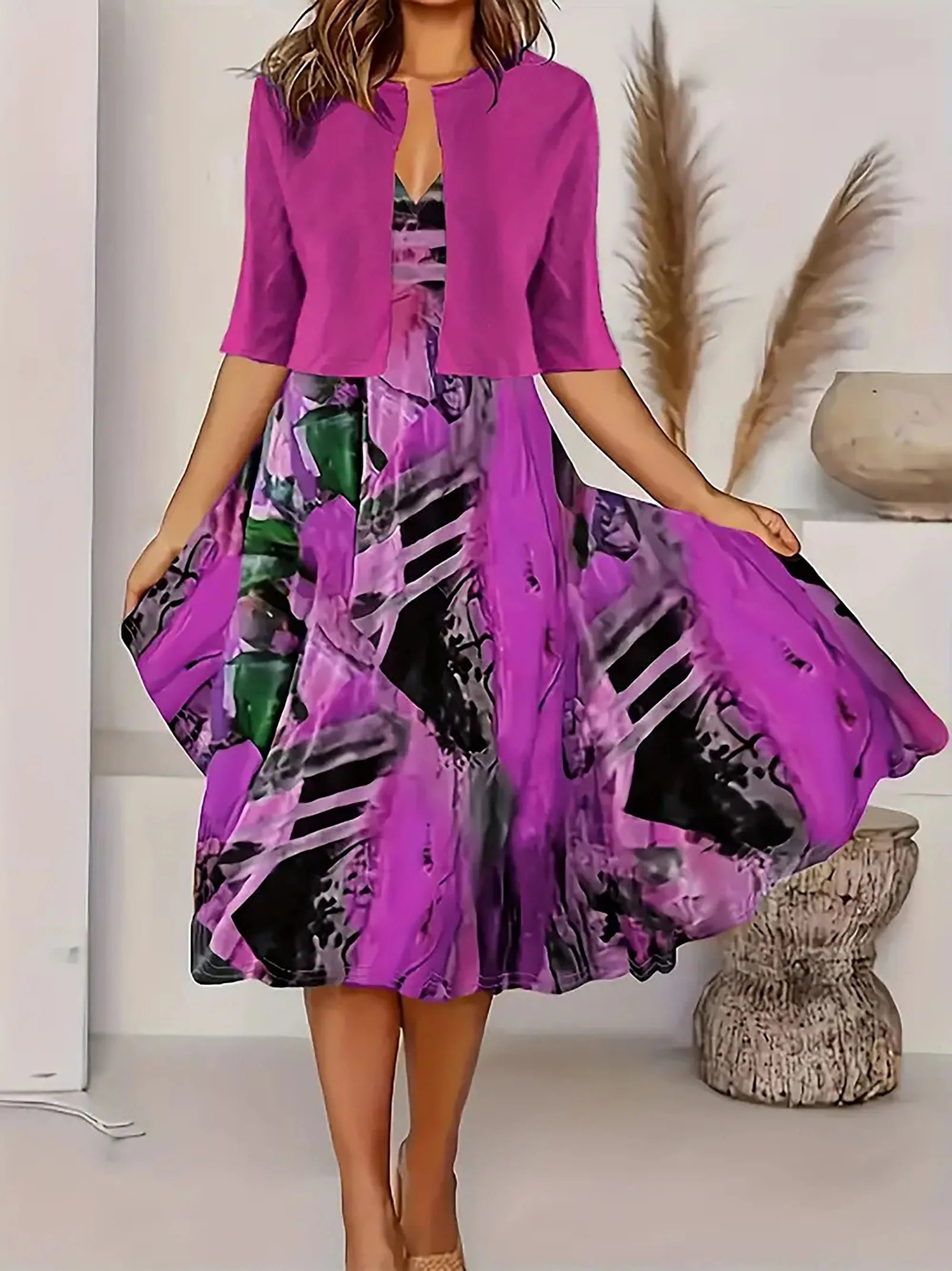 Valenzora | New for summer! EU US Autumn Women's 2 Long Dress Set Floral and Grass Dot Crew Neck Dress with Chiffon Short Jacket