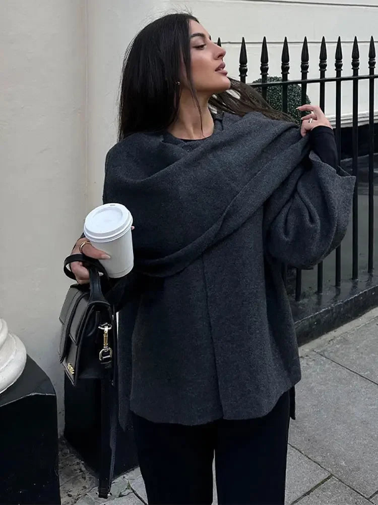 Knitted cape coat with scarf