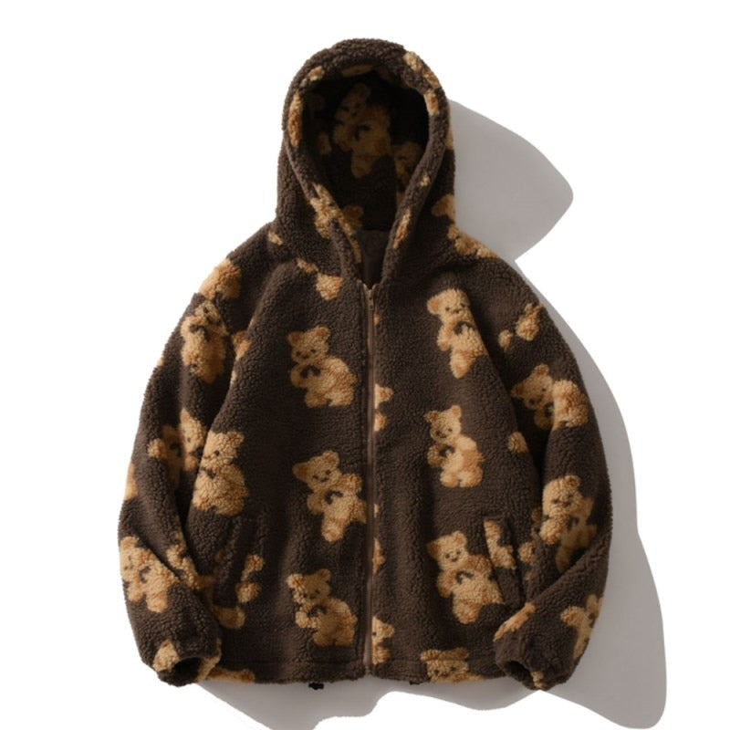 Valenzora Harajuku Bär Teddy-Print Plüschjacke Flauschige Kapuzen-Oberbekleidung