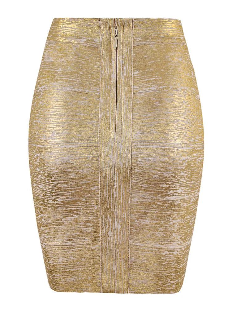 Valenzora | Wholesale Women's Summer Fashion Sexy Gold Bronze Bandage Skirt Designer Nightclub Bodycon Pencil Skirt Faldas 46cm