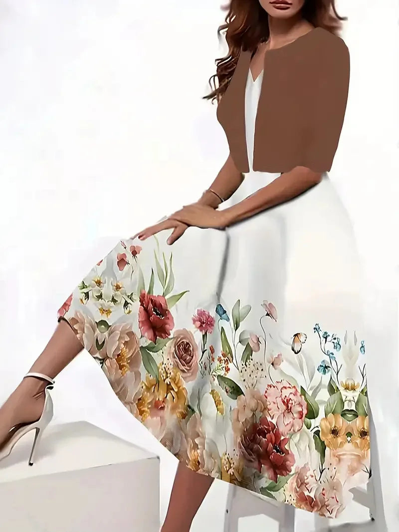 Valenzora | New for summer! EU US Autumn Women's 2 Long Dress Set Floral and Grass Dot Crew Neck Dress with Chiffon Short Jacket