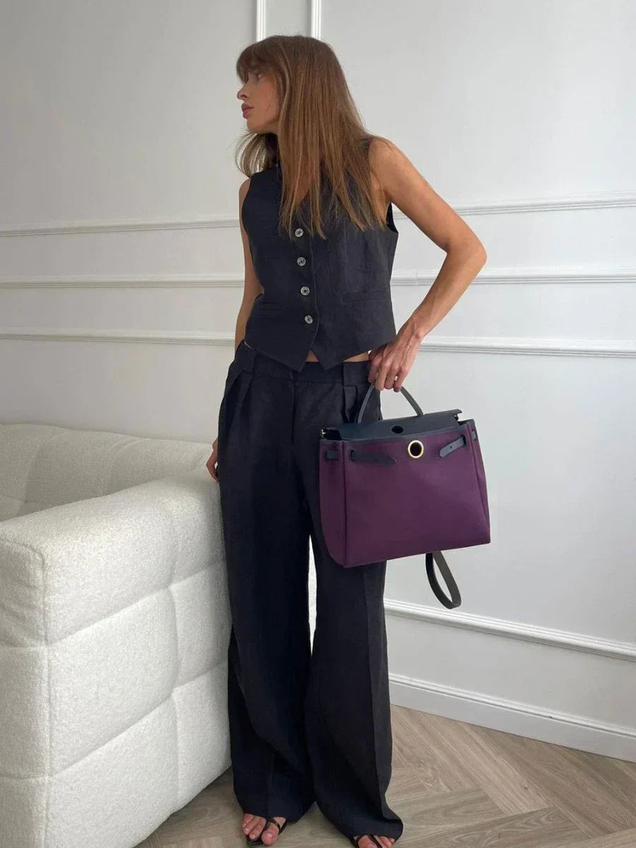 Valenzora | Wool Feeling Women's Linen Cotton Chic Vest & Trousers Set Two-Piece Set Office Women's Summer Chic 2-Piece Set Women's Outfits