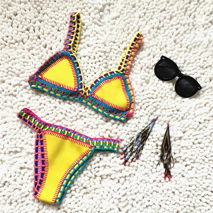 Valenzora | Knitted 2-Piece Bikini Swimsuit for Women, Summer Beach Holiday Swimwear, Sexy Triangle Cup V-Neck Strappy Swimwear