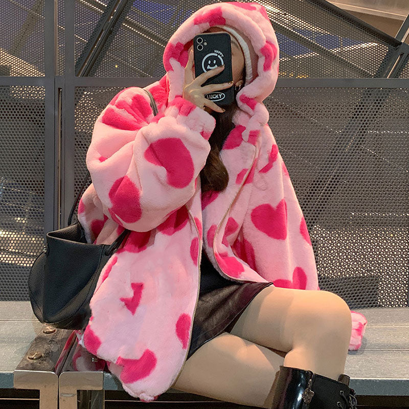 Valenzora Harajuku Bär Teddy-Print Plüschjacke Flauschige Kapuzen-Oberbekleidung