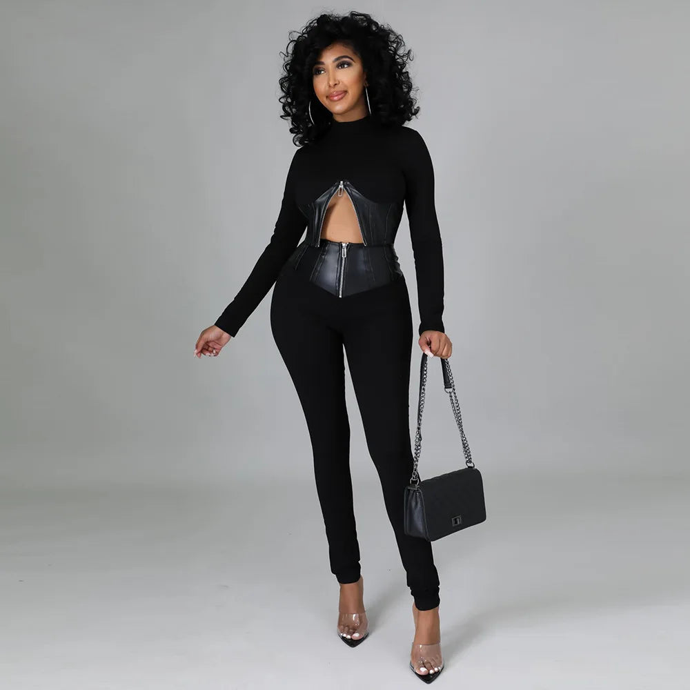 Valenzora | Two-piece set with short faux leather corset and high-waisted trousers