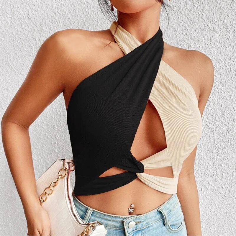 Valenzora | Women's Summer Tank Tops Sexy Patchwork Cross Halterneck Strap Hole Crop Tops High Street Wear New Fashion
