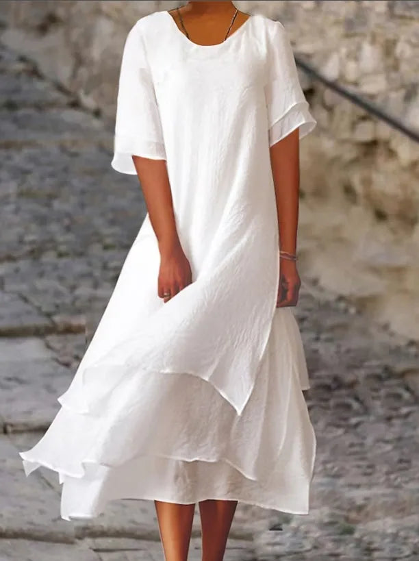 Valenzora | Double-layered slit short-sleeved dress with round neckline